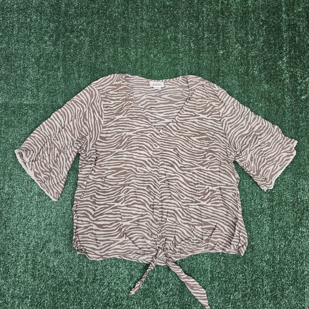 Ariat Top Shirt Large Adult Brown Zebra V Neck Tie Front Blouse Boho Womens L